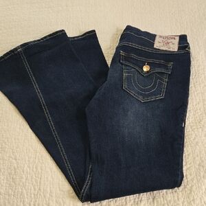 True Religion Joey Mid Rise Dark Blue Flare Jeans Flap Pockets EUC Size 29